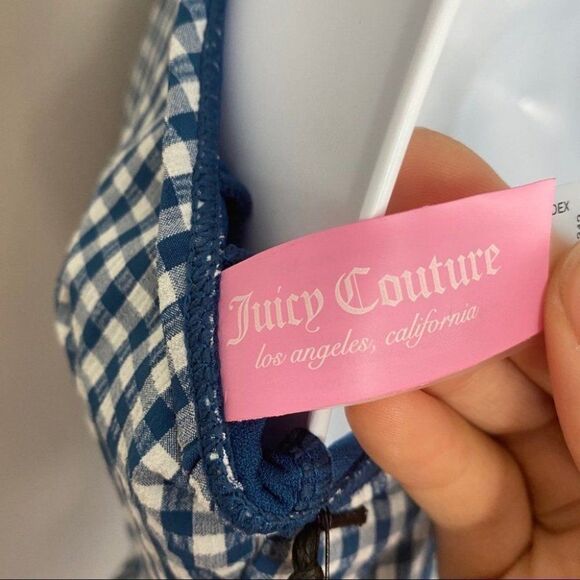 Juicy Couture WMNS L Blue Gingham One Piece Zip Up Swimsuit Open Back Classic - Picture 8 of 11